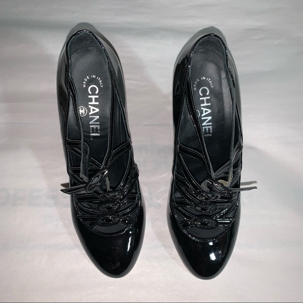 CHANEL size 37 black patent leather PUMPS quilted faux wedge heel - Picture 10 of 13